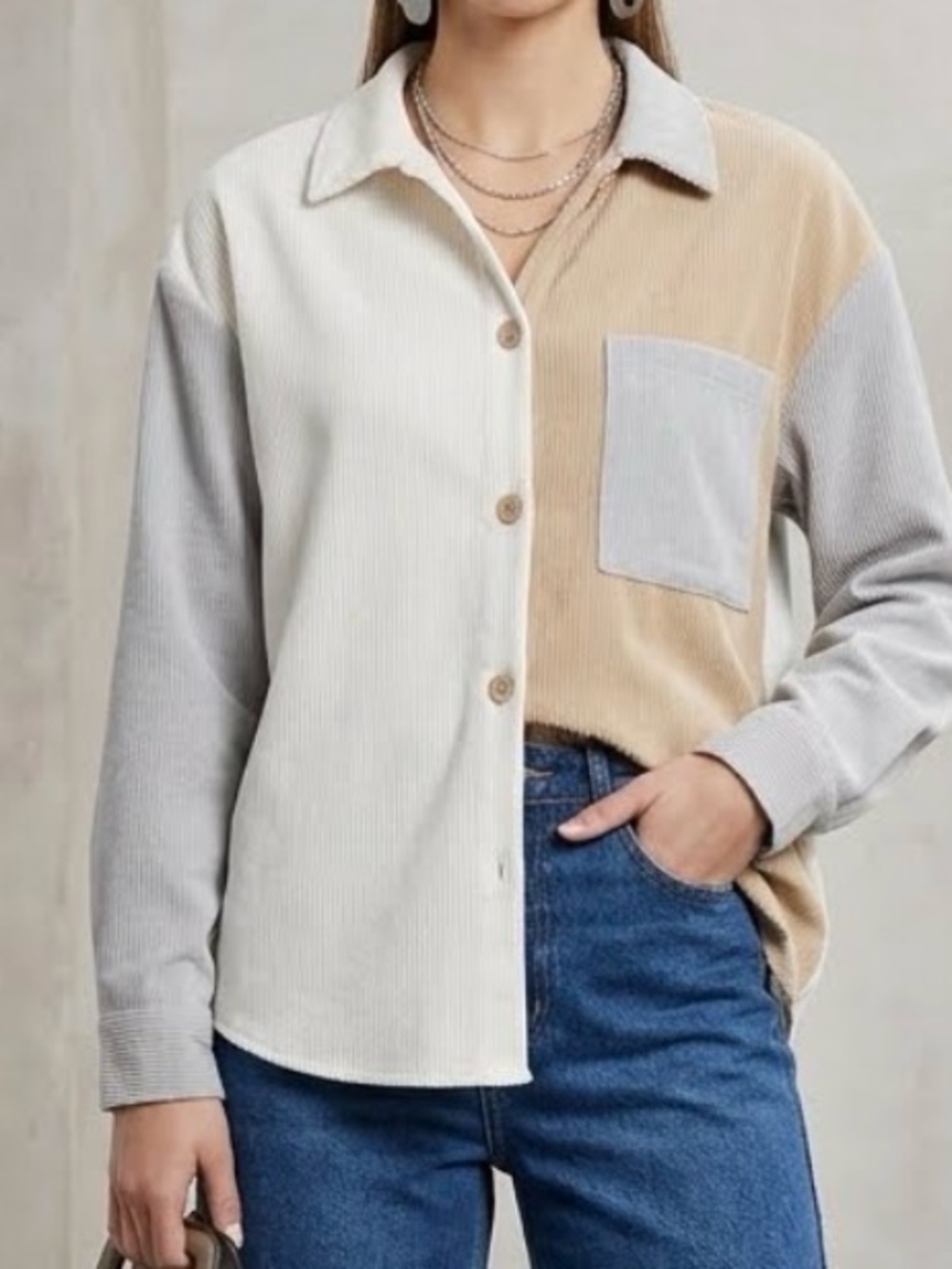Stella Tweed Neutral Colorblock Corduroy Shacket Boyfriend Fit Cream, Tan, Gray
